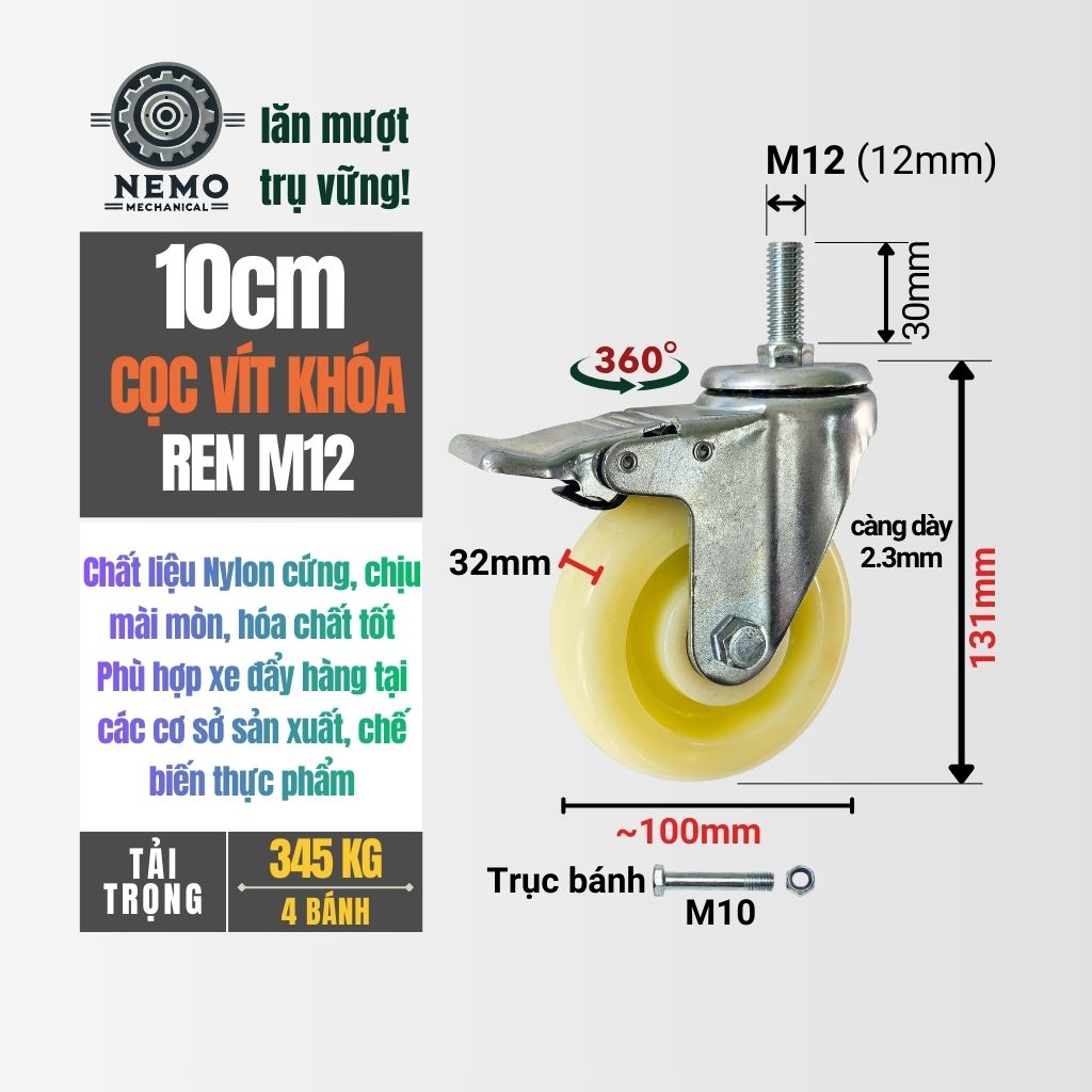 Bánh Xe Nylon Trắng Cọc Vít M12 – Chống Nước, Kháng Hóa Chất (D75, D100, D125)